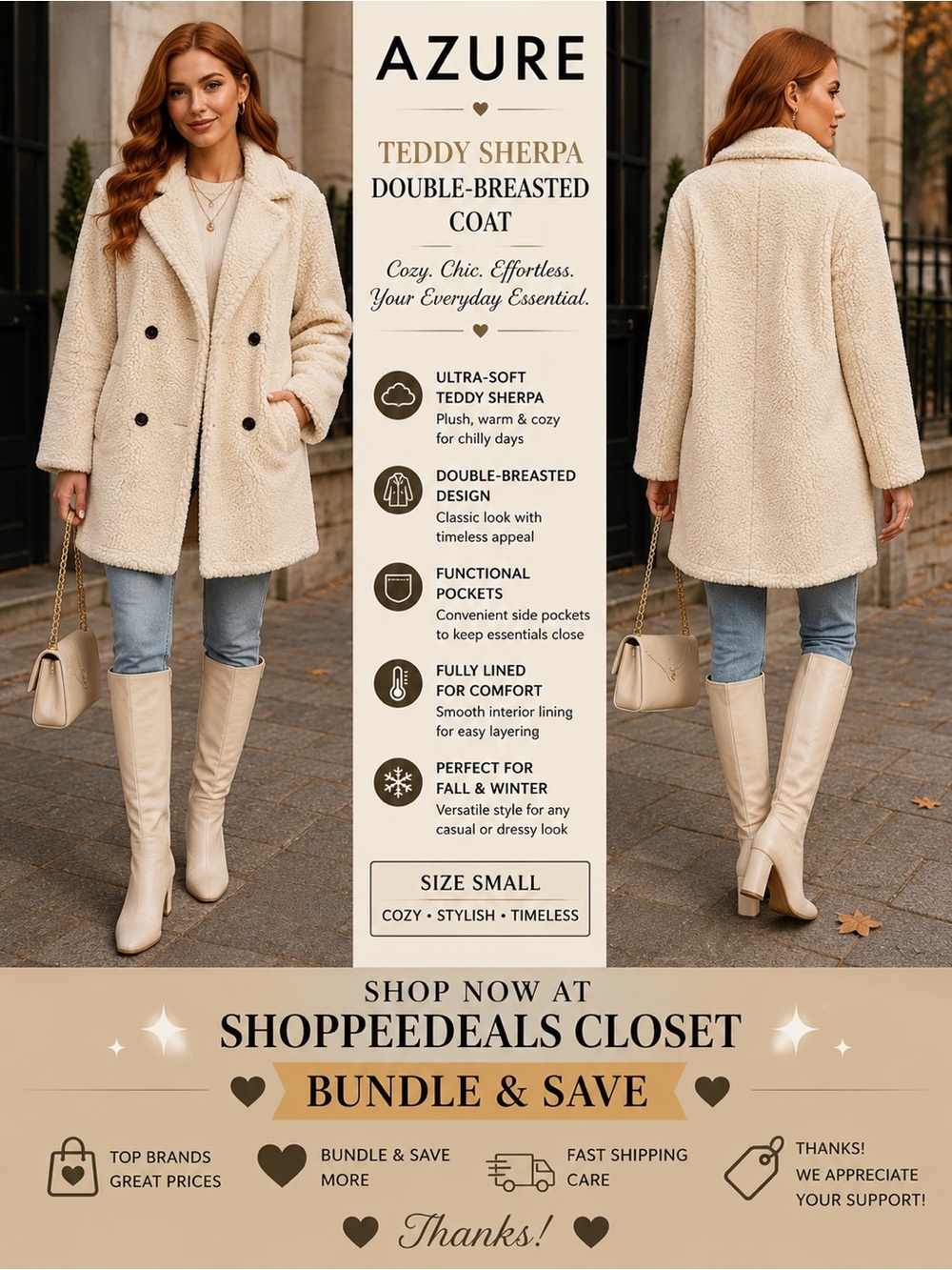 Azure Teddy Sherpa Double-Breasted Coat – Ivory/Cream – Women’s Small
